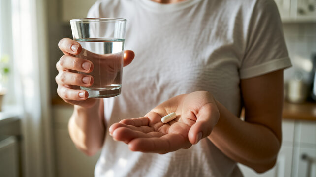 Close-up of hand holding water glass and single pill