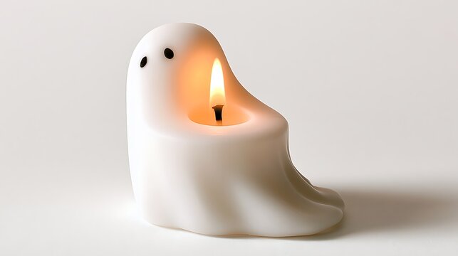 Unique ghost-shaped candle with glowing flame and smooth white wax finish