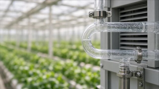 Cinematic clean water technology background greenhouse pipe irrigation system with fresh plant farm hydroponic cultivation focus transparent tube design and modern agriculture feeling innovation