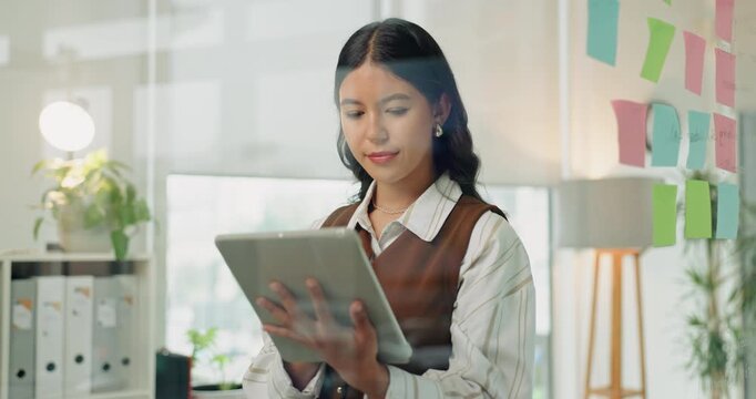 Business, lawyer and reading in office with tablet, research and online evidence for court case. Woman, attorney and review at law firm with tech, witness statement and legal records for proceedings