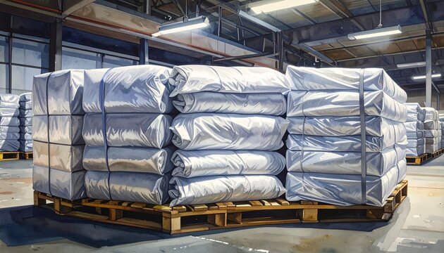 Stacked pallets of wrapped industrial goods in warehouse.