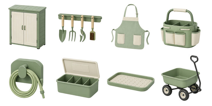 Garden shed icons, storage cabinet, hanging tools, apron, garden basket, hose, seed tray, and wagon 3D set.