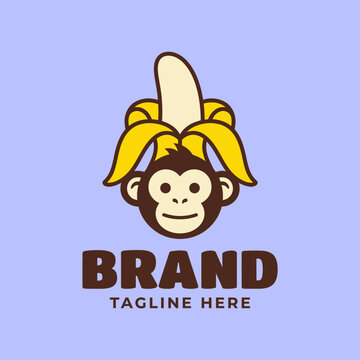 Funny monkey mascot with banana peel on head.