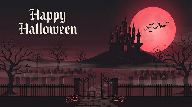 A halloween scene vector illustration depicts a haunted castle silhouetted against a crimson moonlit sky