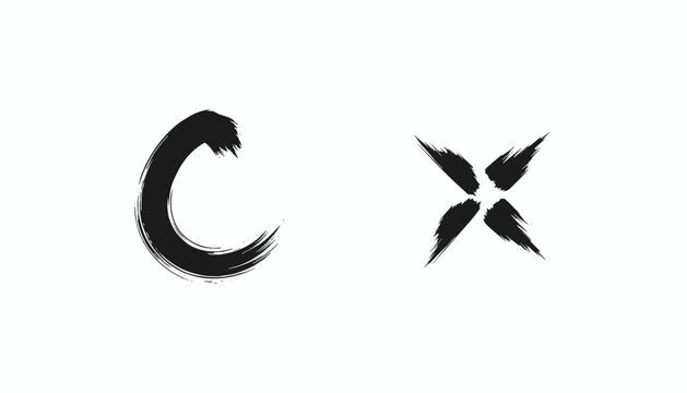 Artistic black ink brushstrokes forming a crescent shape and an X mark, isolated on a clean white background.