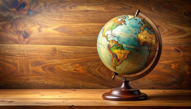 Vintage globe on wooden shelf with rustic background.