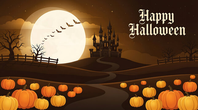A halloween scene depicts a castle silhouetted against a full moon with pumpkins in the foreground