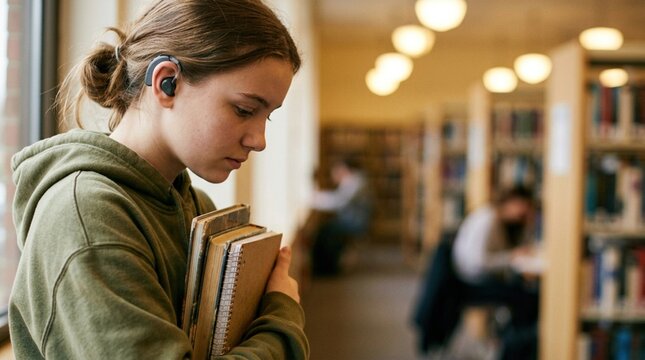Teenage student girl wearing hearing aid holding stack of school books in quiet library hallway, representing inclusive education.