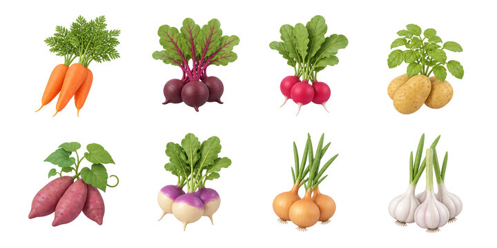 Vegetable icons, root vegetables, carrots, beets, radishes, potatoes, sweet potatoes, onions, and garlic 3D set.