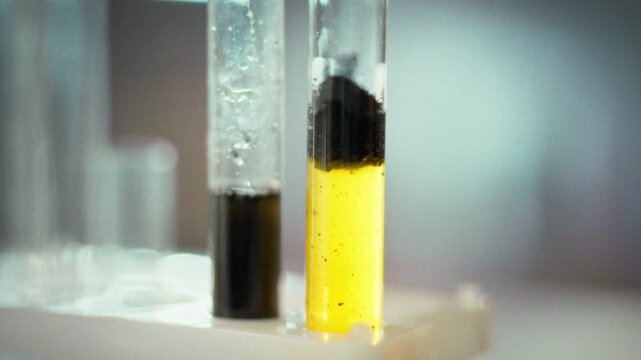 Scientist carefully holds test tube, mixing a liquid with other reagents in a laboratory experiment, highlighting meticulous technique and the controlled research environment for scientific discovery