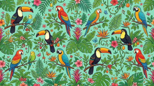Exotic Birds and Tropical Flora Pattern - Toucans, Macaws, Budgies, Jungle Leaves