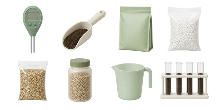 Soil and gardening science icons, soil scoop, fertilizer bags, measuring meter, test tubes, and bucket 3D set.