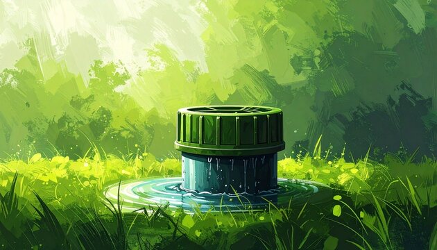 Futuristic Water Pump in Lush Green Forest Scene.