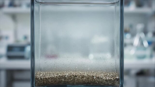 Cinematic clean water technology background glass tank science laboratory experiment with fine granular sediment motion minimal abstract design soft bokeh depth field dreamy research innovation