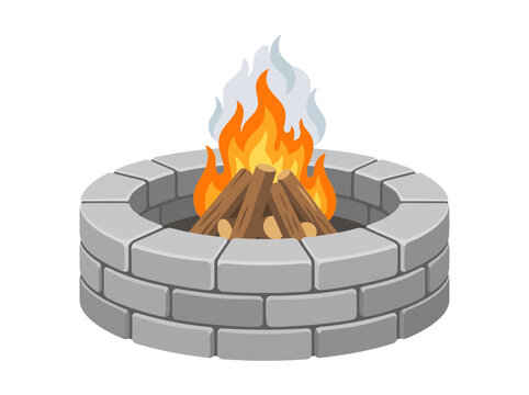 Round stone fire pit with burning logs isolated on white background