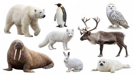 Naklejka premium Wild animal collection set isolated on white background featuring lion, elephant, tiger, zebra, giraffe, eagle, and fauna for nature, safari, or zoo design.