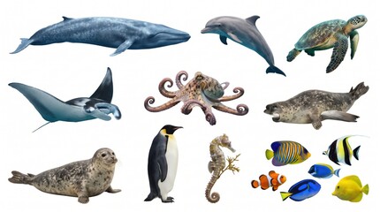 Naklejka premium Wild animal collection set isolated on white background featuring lion, elephant, tiger, zebra, giraffe, eagle, and fauna for nature, safari, or zoo design.