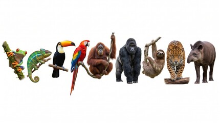 Naklejka premium Wild animal collection set isolated on white background featuring lion, elephant, tiger, zebra, giraffe, eagle, and fauna for nature, safari, or zoo design.