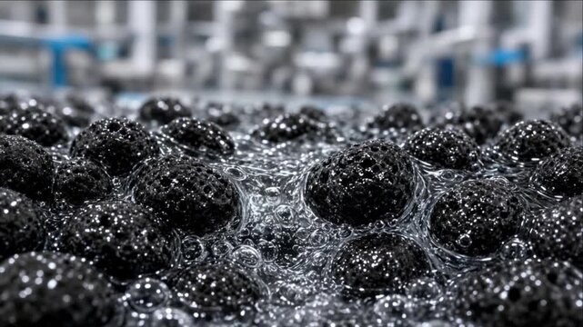 Cinematic clean water technology background abstract macro black foam ball surface with reflective bubble texture smooth modern liquid pattern fluid motion industrial process cool atmosphere
