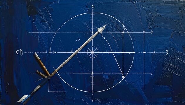 Compass and protractor on blueprint background with geometric lines.