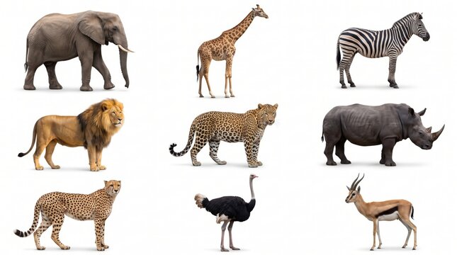Wild animal collection set isolated on white background featuring lion, elephant, tiger, zebra, giraffe, eagle, and fauna for nature, safari, or zoo design.
