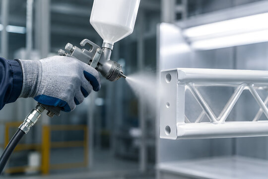 Industrial spray paint gun applying a smooth white protective coating onto metal construction beams within a modern manufacturing factory workshop
