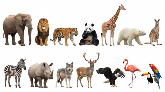 Wild animal collection set isolated on white background featuring lion, elephant, tiger, zebra, giraffe, eagle, and fauna for nature, safari, or zoo design.