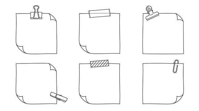Collection of six illustrated paper notes for notes and messages with hand drawn