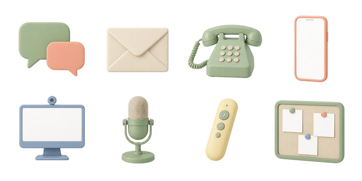 Communication and office icons, chat bubbles, envelope, phone, smartphone, monitor, microphone, and notice board 3D set.