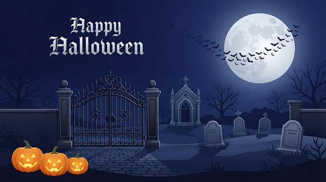 A halloween scene depicts a graveyard with a gate pumpkins and a full moon in the night sky