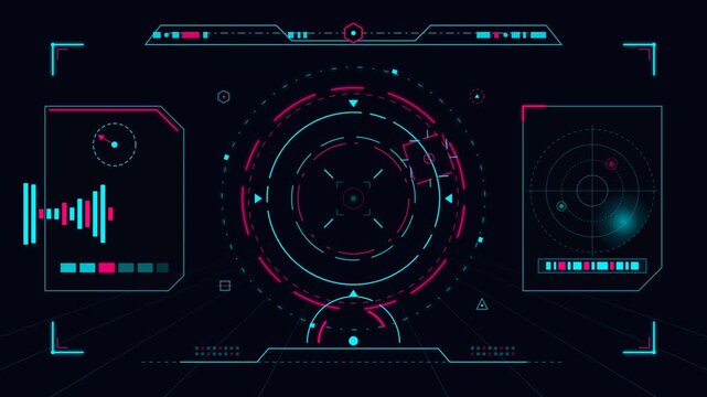 Animated futuristic HUD user interface displaying telemetry target reticle and radar data on a dark screen.