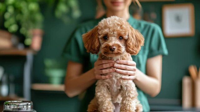 close up pet groomer trimming poodle coat in salon