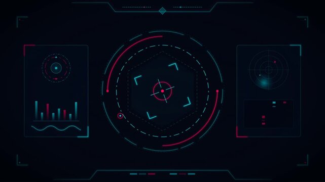 Futuristic HUD digital interface featuring crosshair targeting reticle radar and analytics elements