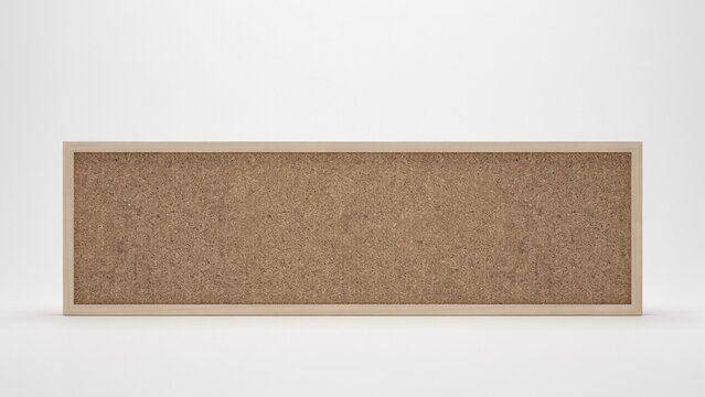 Rectangular cork bulletin board with wooden frame on white background