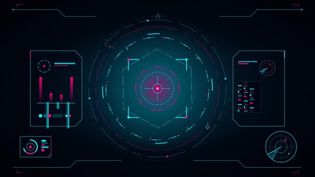 Futuristic HUD interface animating digital telemetry data and targeting reticle graphics on dark background.