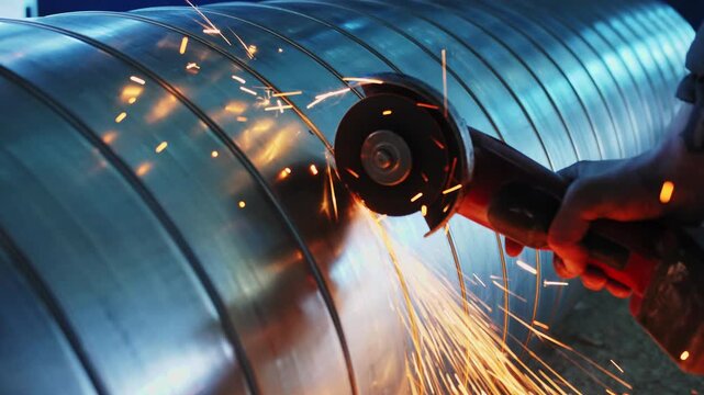 Close-up of angle grinder cutting metal pipe with flying sparks
