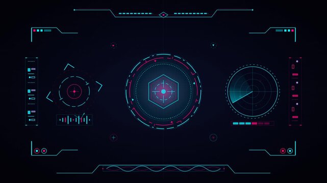 Futuristic HUD interface animation featuring glowing cyan radar targeting reticle and sci-fi digital data overlays on dark background.
