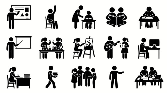 Education and school pictogram icon set, teacher, student, classroom and learning activities flat vector illustration
