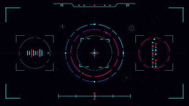 Futuristic HUD interface animation featuring rotating target crosshairs and telemetry data on a dark background.