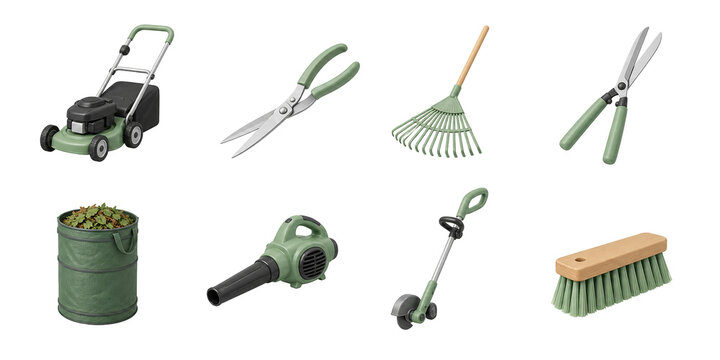 Lawn care icons, mower, hedge shears, rake, pruner, leaf blower, trimmer, brush, and garden tools 3D set.