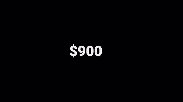 Animated dollar counter displaying a growing monetary value up to ten million, suitable for finance, business, investment, revenue, earnings  on alpha channel and transparent background.