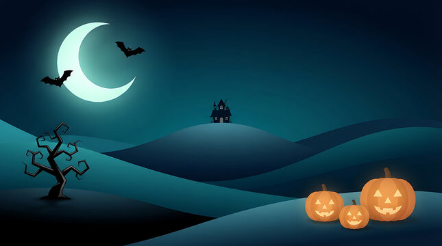 A halloween landscape illustration features a crescent moon silhouetted bats and glowing jack o lanterns