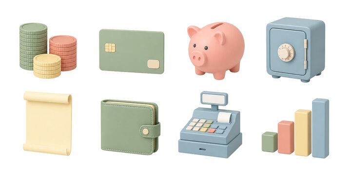 Business finance icons, cash register, coins, credit card, wallet, invoice, chart, and cashier 3D set.