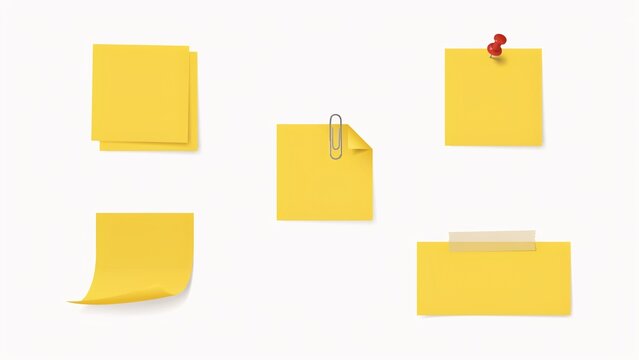 Set of yellow sticky notes with paperclip, pushpin, and adhesive tape