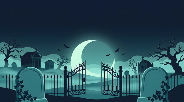 Spooky pixel art graveyard with iron gates under a large crescent moon