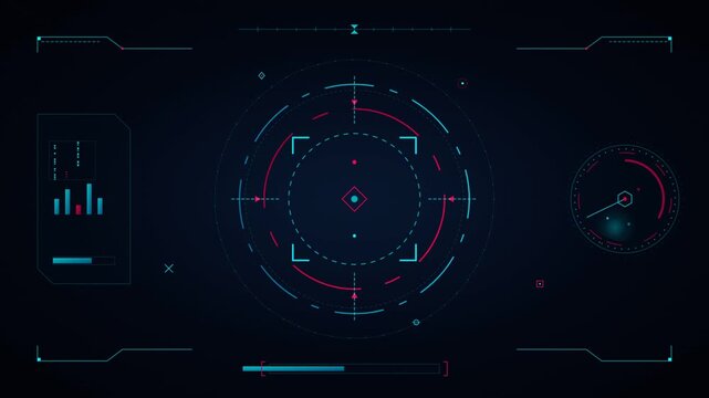 Futuristic HUD target interface displaying digital data scanning radar and analytics on dark background.