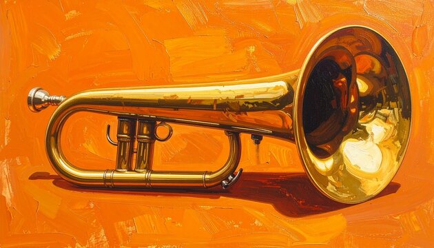 Vintage Brass Trumpet on Orange Background.
