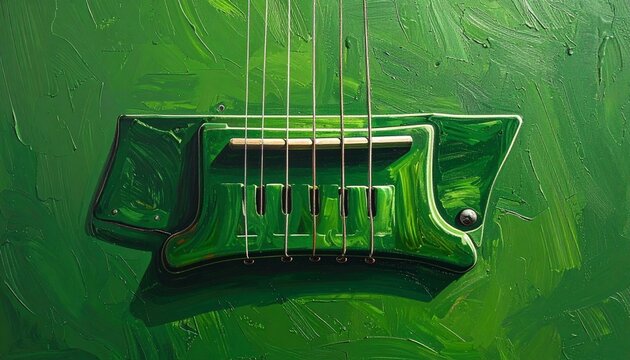 Close up of green electric guitar bridge and strings.