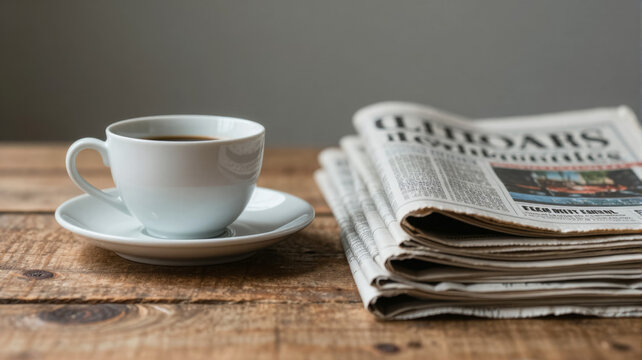 Coffee cup beside folded newspaper on rustic wooden surface