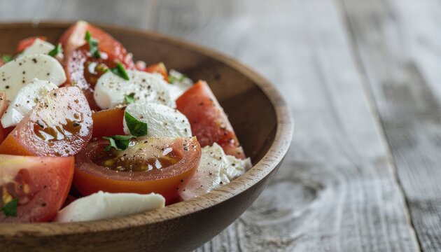 Bowl of fresh tomato salad with red onion and basil leaves on wooden background